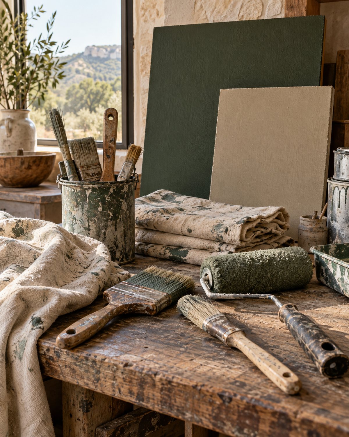 Organized painting brushes, canvas coverings and green finish samples in a Hill Country workshop