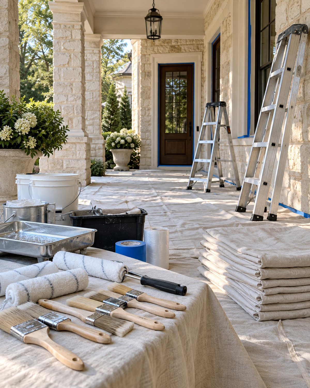 Carefully arranged professional painting tools on a protected porch work area