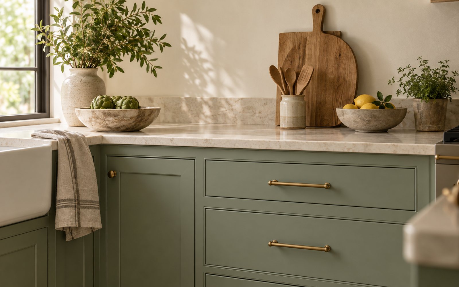 Deep sage green painted cabinets in a refined Hill Country kitchen