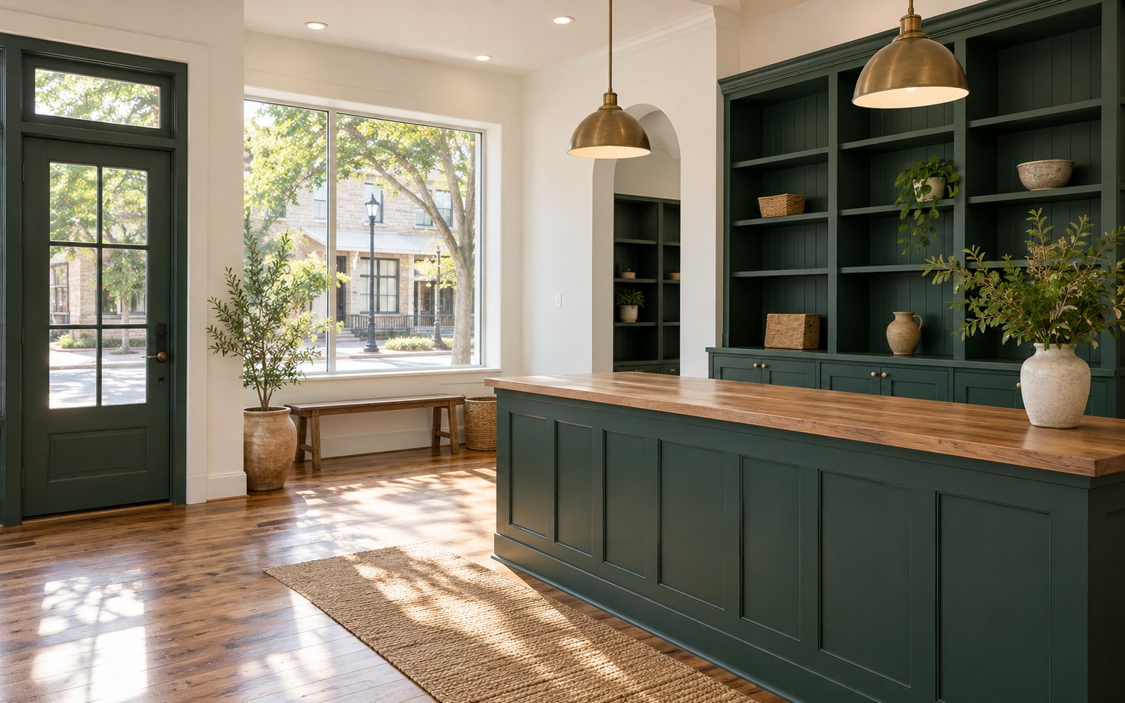 Fresh warm white and green finishes inside a small Fredericksburg retail space