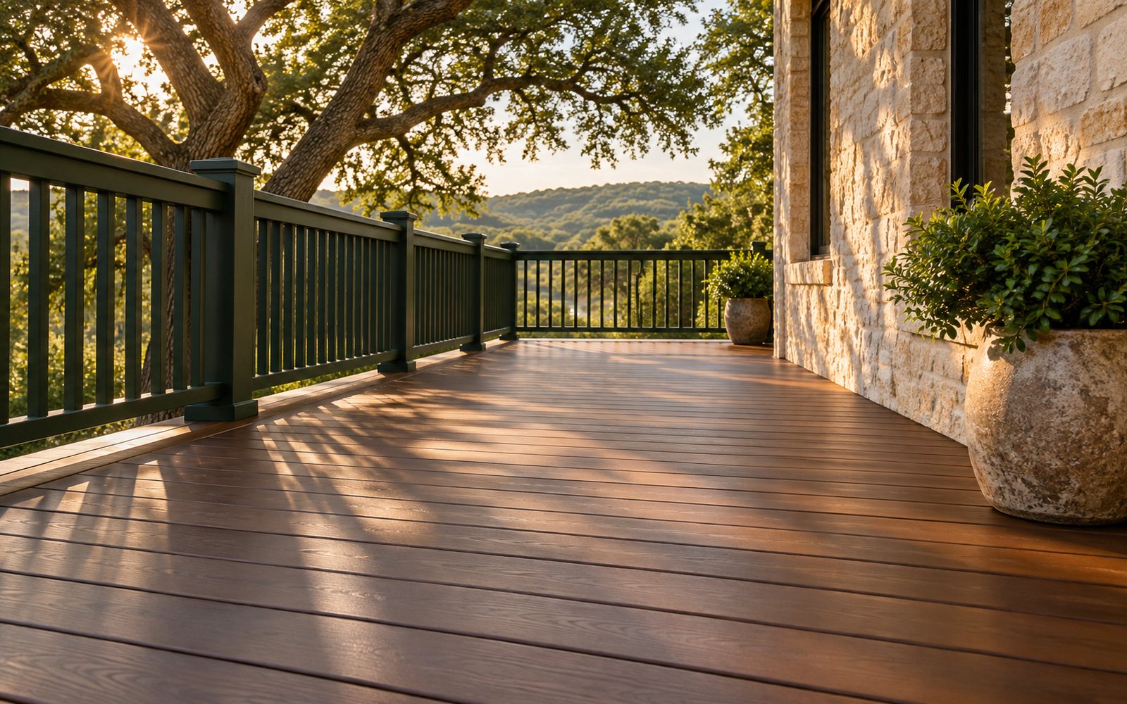 Freshly coated wooden deck and green railing at a Hill Country home