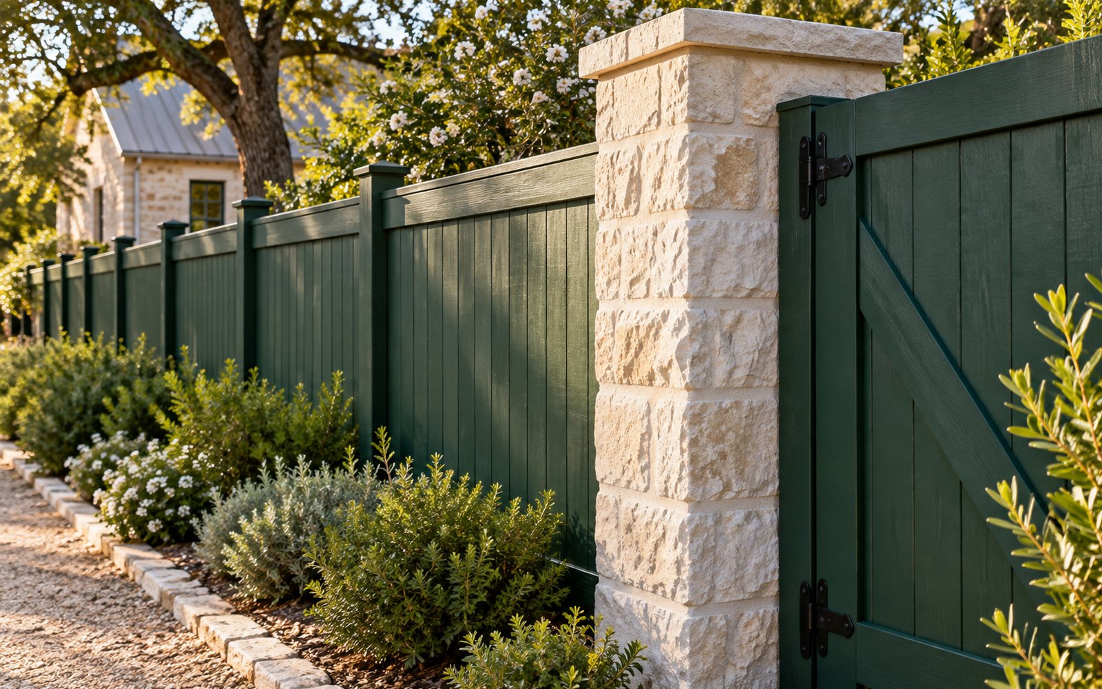 Deep green painted wood fence with limestone posts on a Fredericksburg property