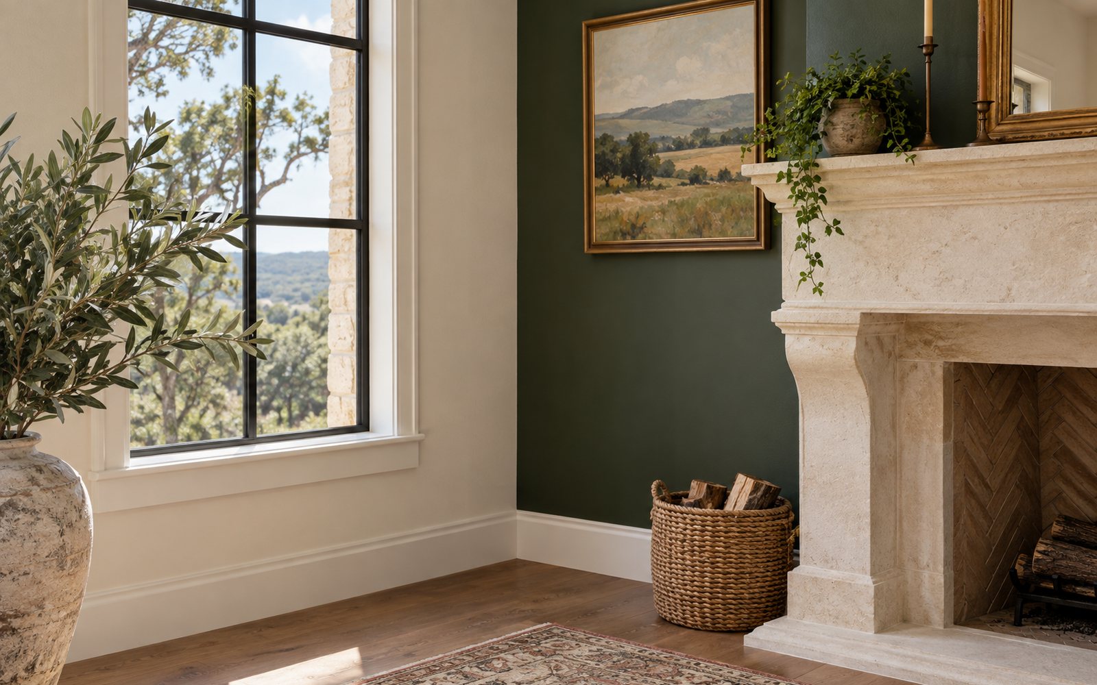 Warm white living room with a deep green accent wall in a Fredericksburg home