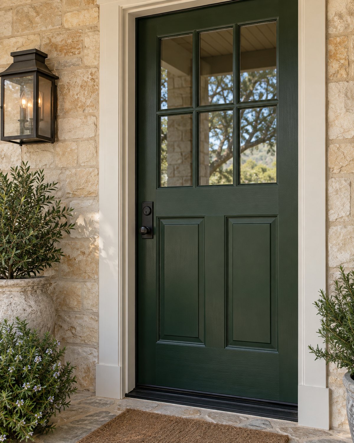 Deep green painted front door with crisp white trim on a Fredericksburg limestone home
