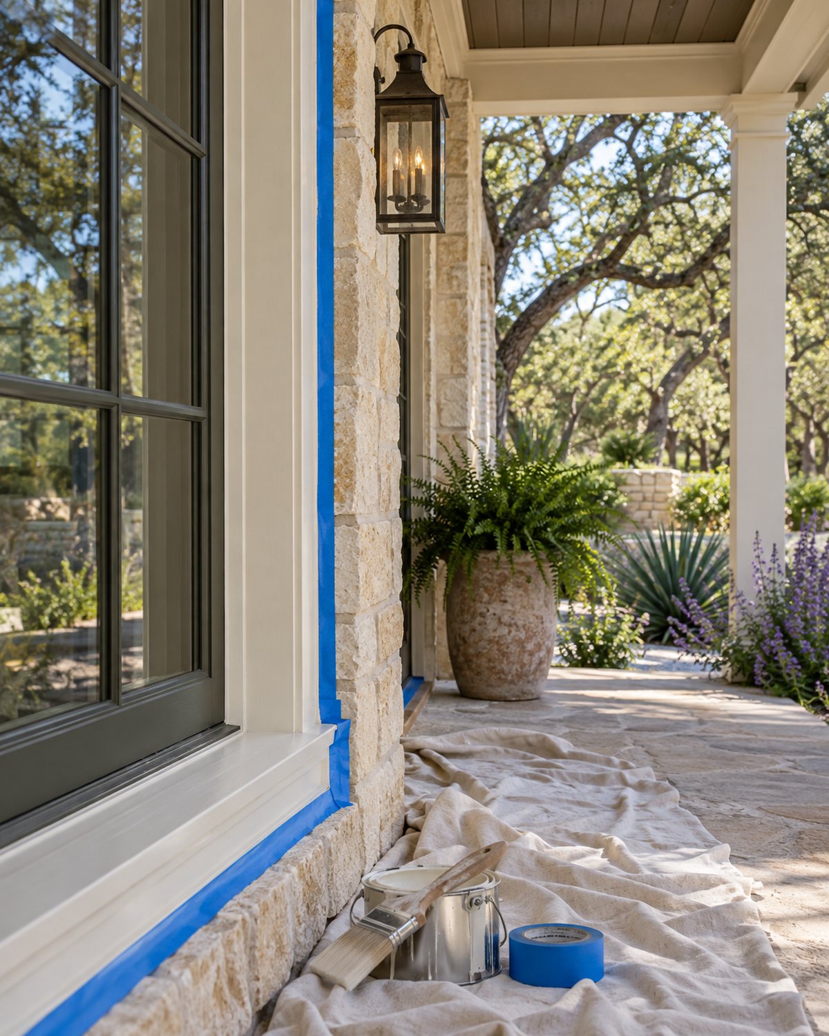 Crisp cream stucco and deep green trim on a Boerne Hill Country home