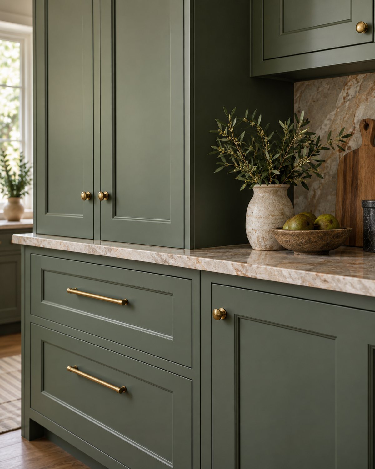 Smooth green cabinet doors and brass hardware in a Fredericksburg kitchen