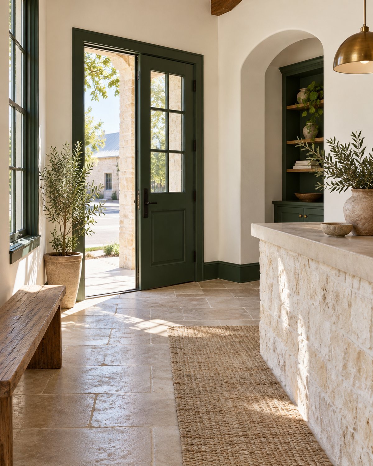 Clean green millwork and warm white walls in a Fredericksburg business interior