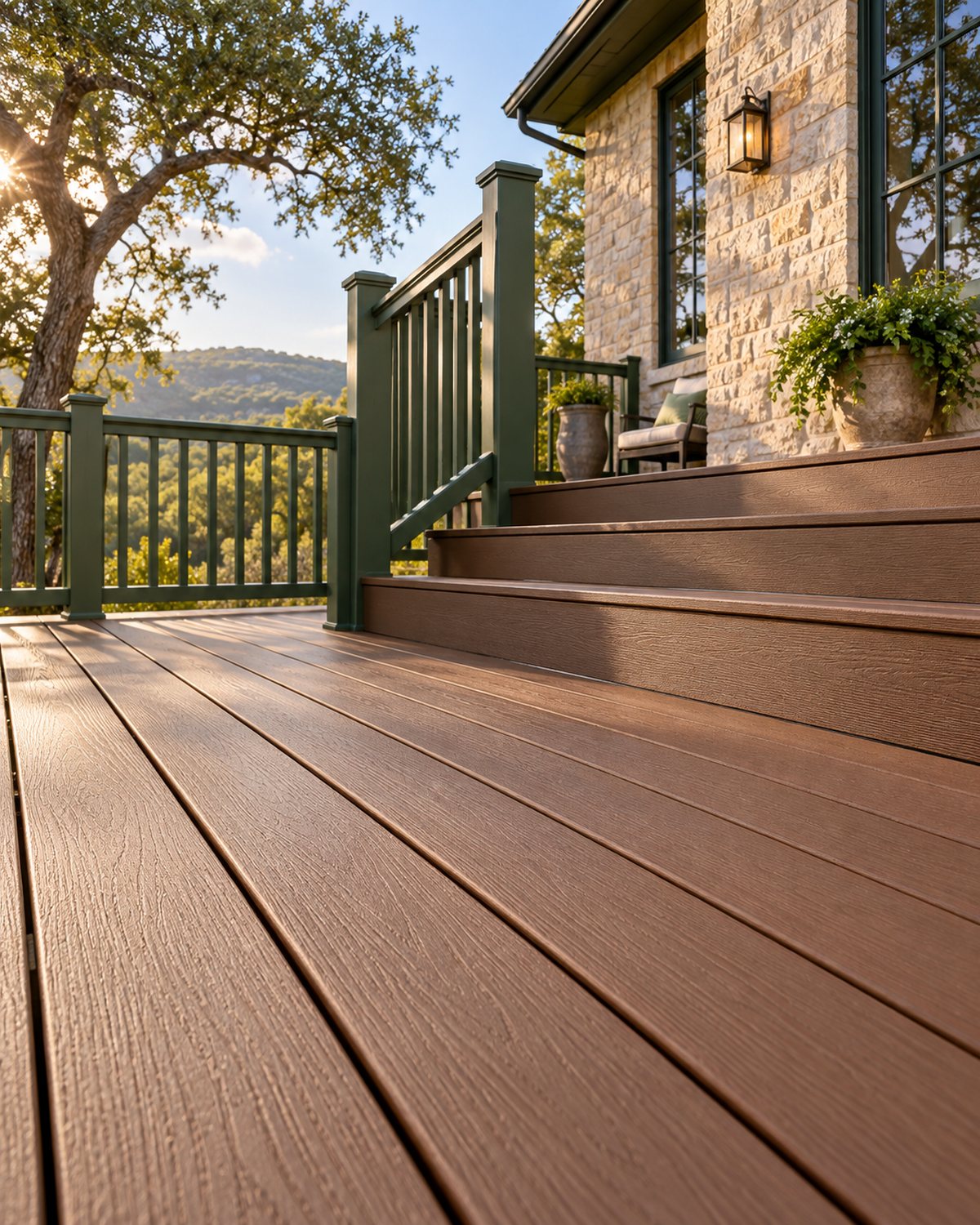 Even brown deck coating and green railings beside limestone in Fredericksburg
