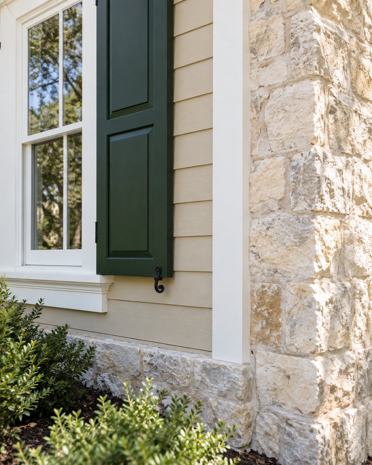 Fresh green shutters and warm beige siding on a Fredericksburg limestone house
