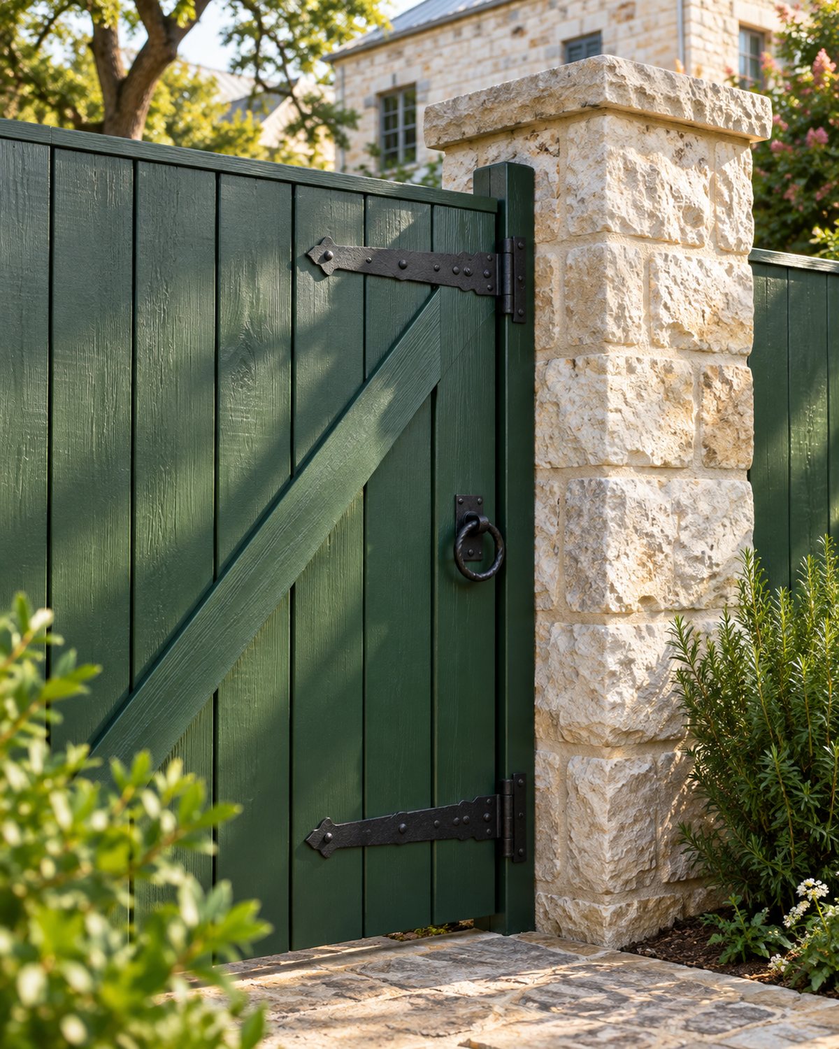 Fresh green fence boards and a clean gate beside Hill Country limestone
