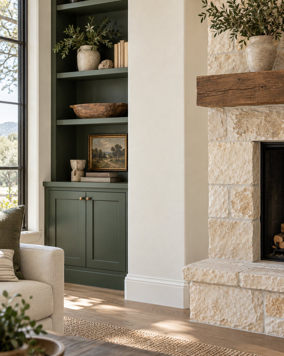 Crisp warm white walls and painted trim beside limestone inside a Hill Country home