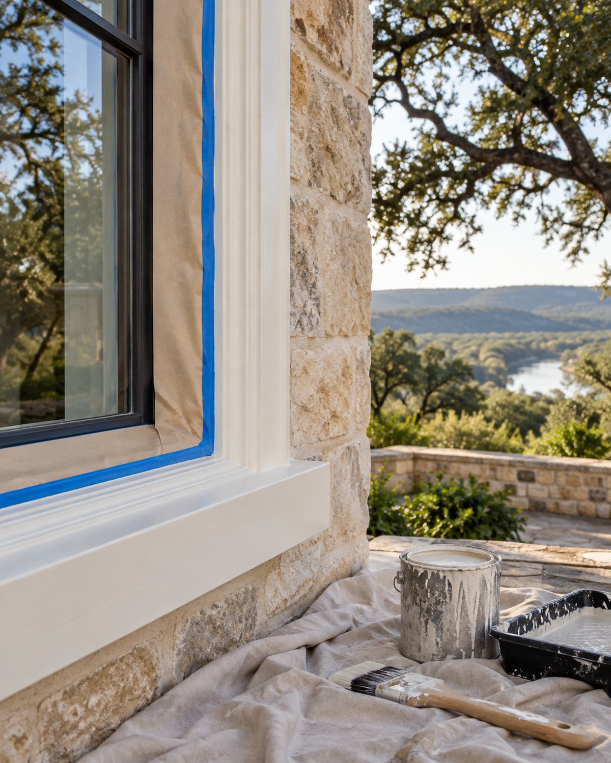 Warm beige painted Hill Country home exterior with green trim near Kerrville