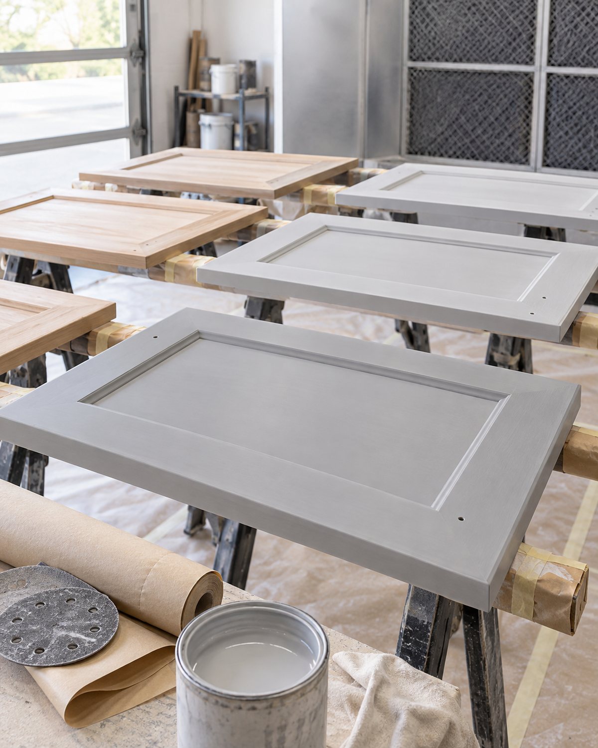 Prepared cabinet doors arranged for painting in a clean workshop