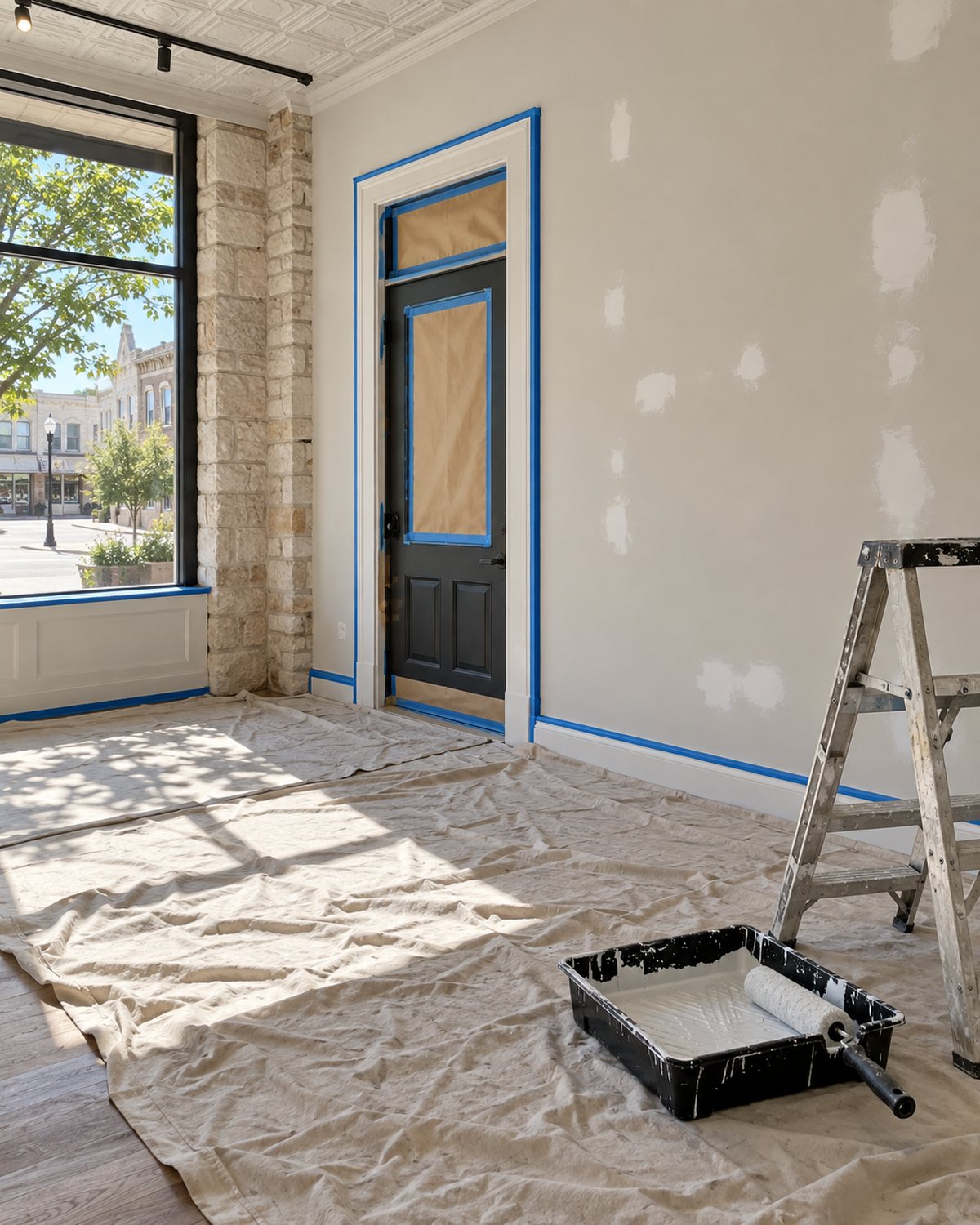 Commercial painting tools and prepared wall in an empty Hill Country storefront