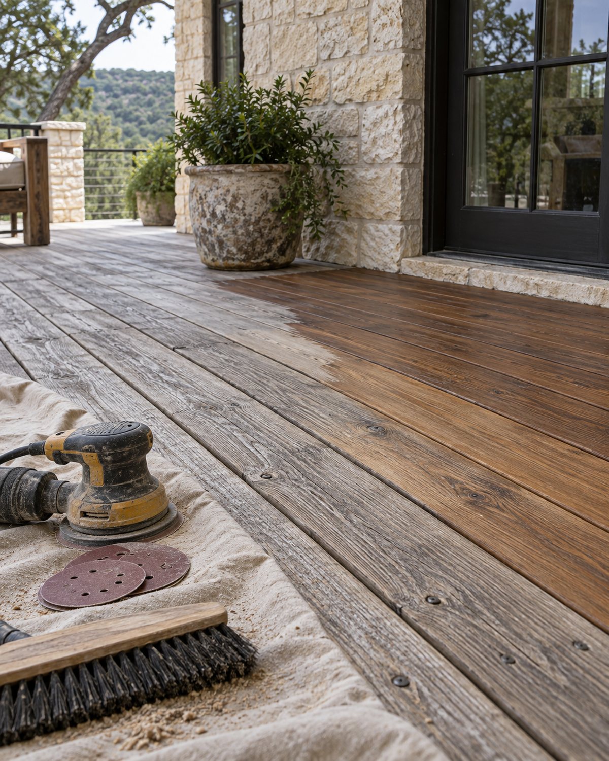 Cleaned and prepared deck boards with coating tools ready nearby