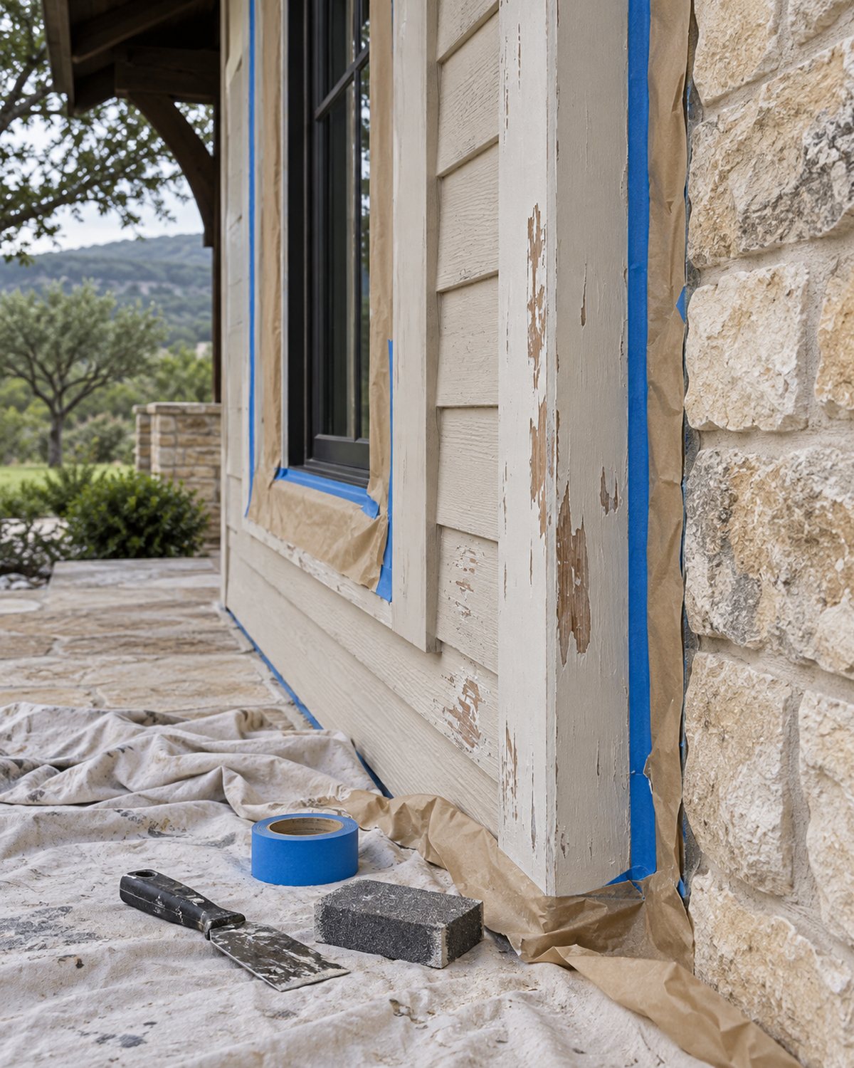 Prepared exterior siding and trim on a Hill Country home before painting
