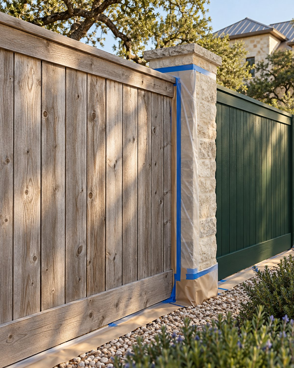 Prepared fence panels with painting tools along a Hill Country property line