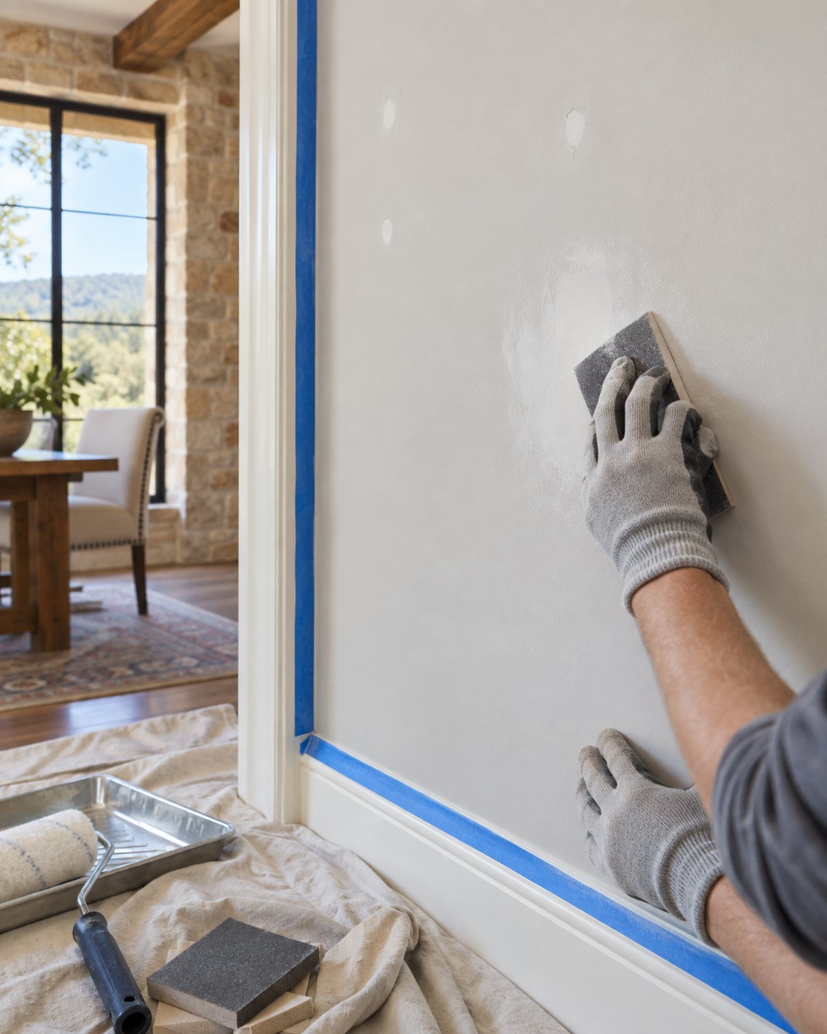 Prepared drywall, masked trim and painting tools in a Fredericksburg room