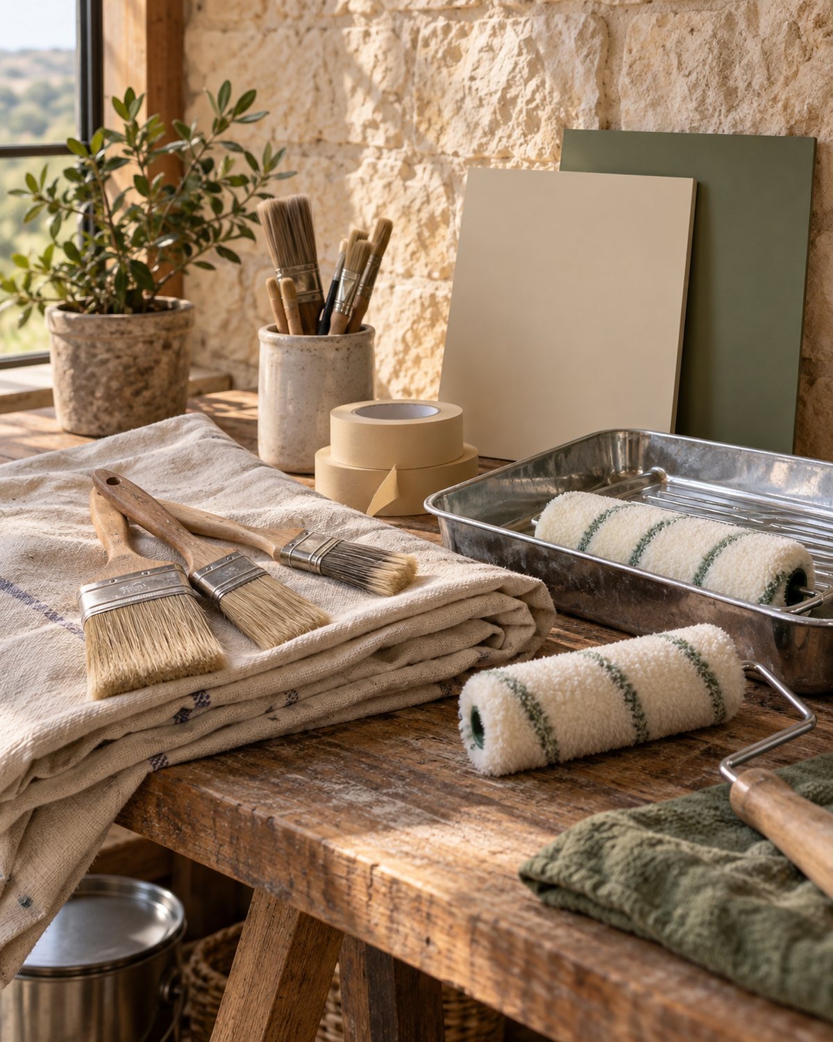 Brushes, rollers and masking supplies arranged beside green and beige finish samples